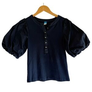 Old Navy Womens‎ Navy Blue Ribbed Henley Top with Poplin Puff Sleeves Size M